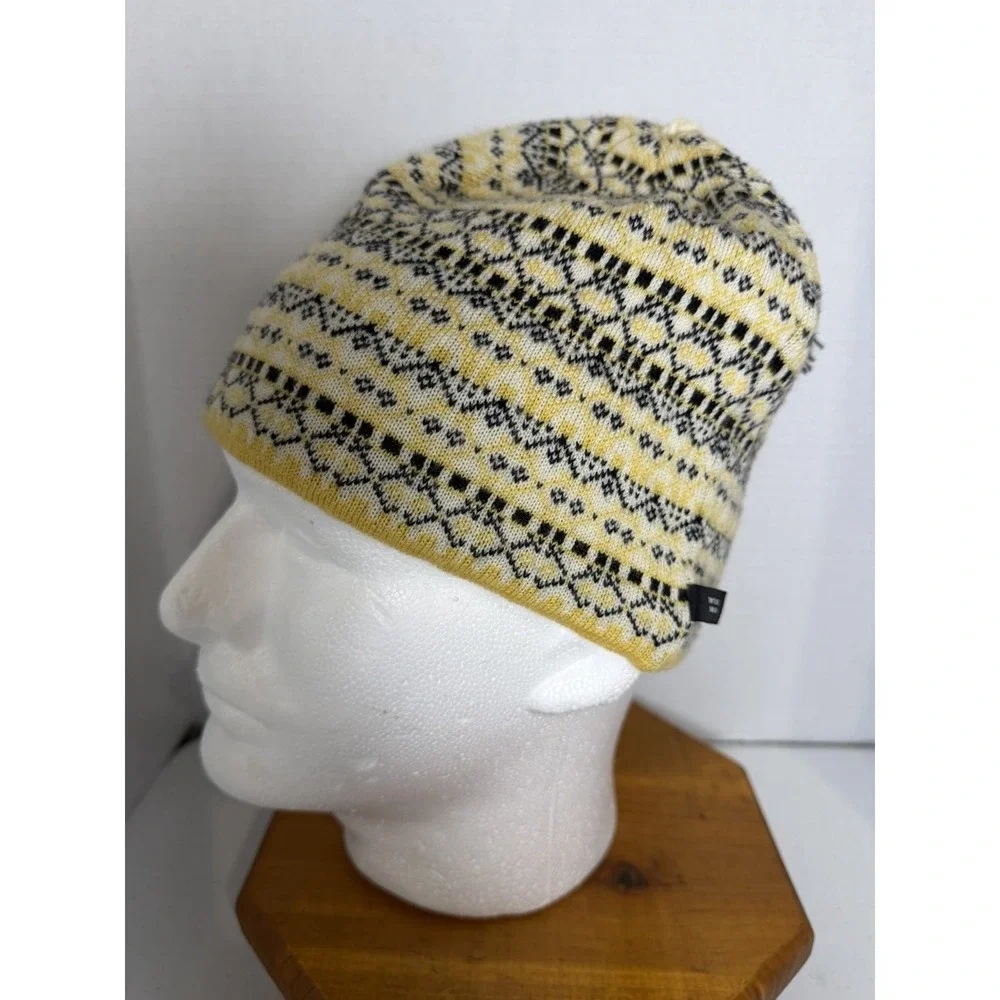 Turtle Fur Merino Wool Fair Isle Beanie Hat Yellow Black Made in Italy OS